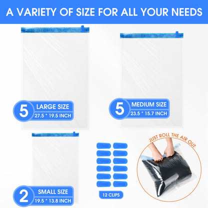ZPP 12 Travel Roll Up Bags (5 Large/5 Medium/2 Small) Vacuum Seal Bags for Clothes, Mattress, Blanket, Comforters, Travel, Moving