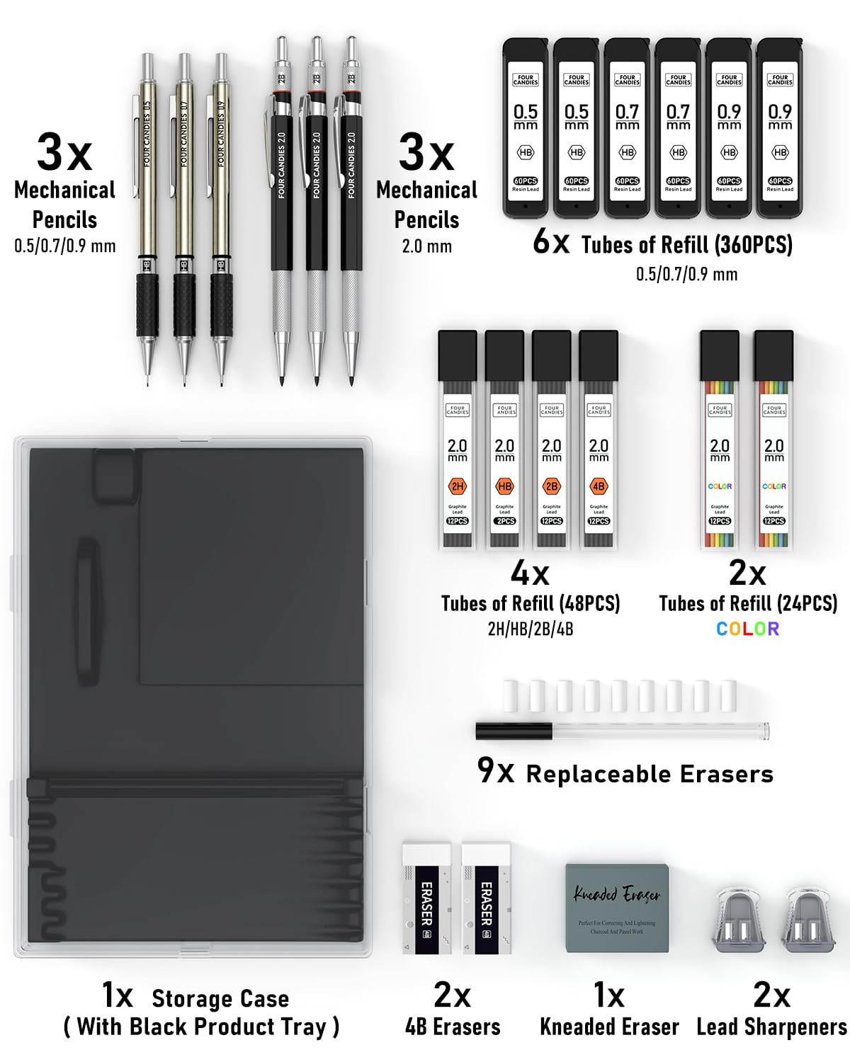 Four Candies 25PCS Mechanical Pencil Set with Case, Art Supplies with Metal Pencil 0.5, 0.7, 0.9 mm & 3PCS 2mm (HB 2H 2B 4B Color) & 432 Graphite Lead Refills, Technical Drawing Kit for Teen & Adults
