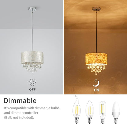 3-Lights Drum Capiz Shell Crystal Chandeliers, Coastal Style Pendant Light Fixture for Dining Room, Living Room, D12 x H19~49"(Adjustable), Shell Lampshade & Chrome Finish