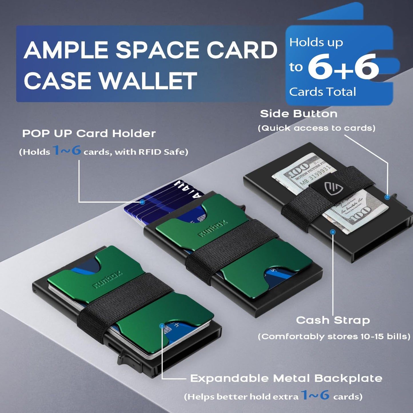 RUNBOX Slim Card Holder Wallet for Men, Minimalist RFID Blocking Wallet with Pop-Up Function, Ultra-Thin Design, Metal Business Card Cases holds 6+6 Cards, Gifts for Men, Men's Accessories