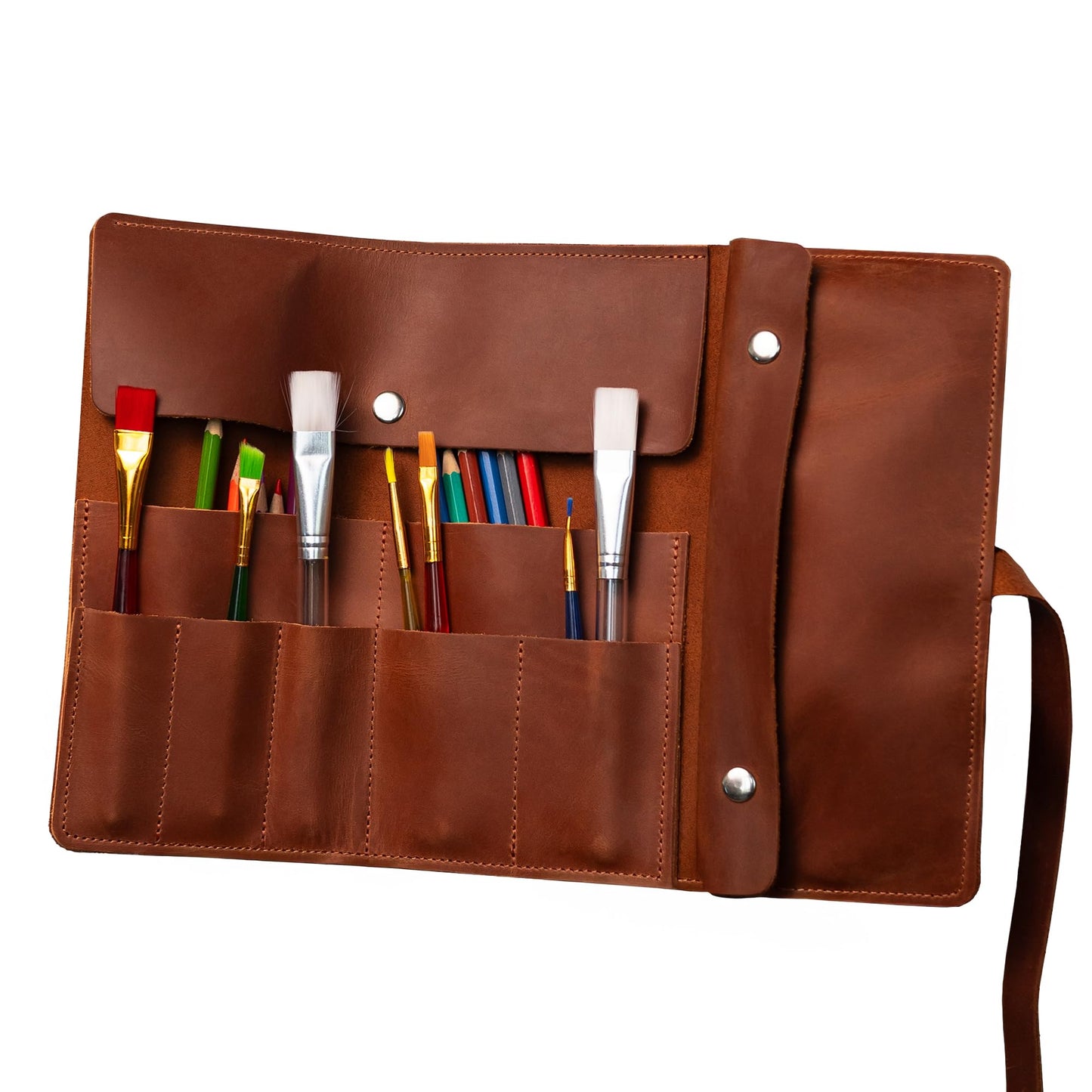 OMBUO Handmade Artist Pencil Case for Adults Women, Leather Pencil Roll, Artist Gifts, Pencil Wrap Roll Up Case, Leather Paint Brush Case, Warm Brown