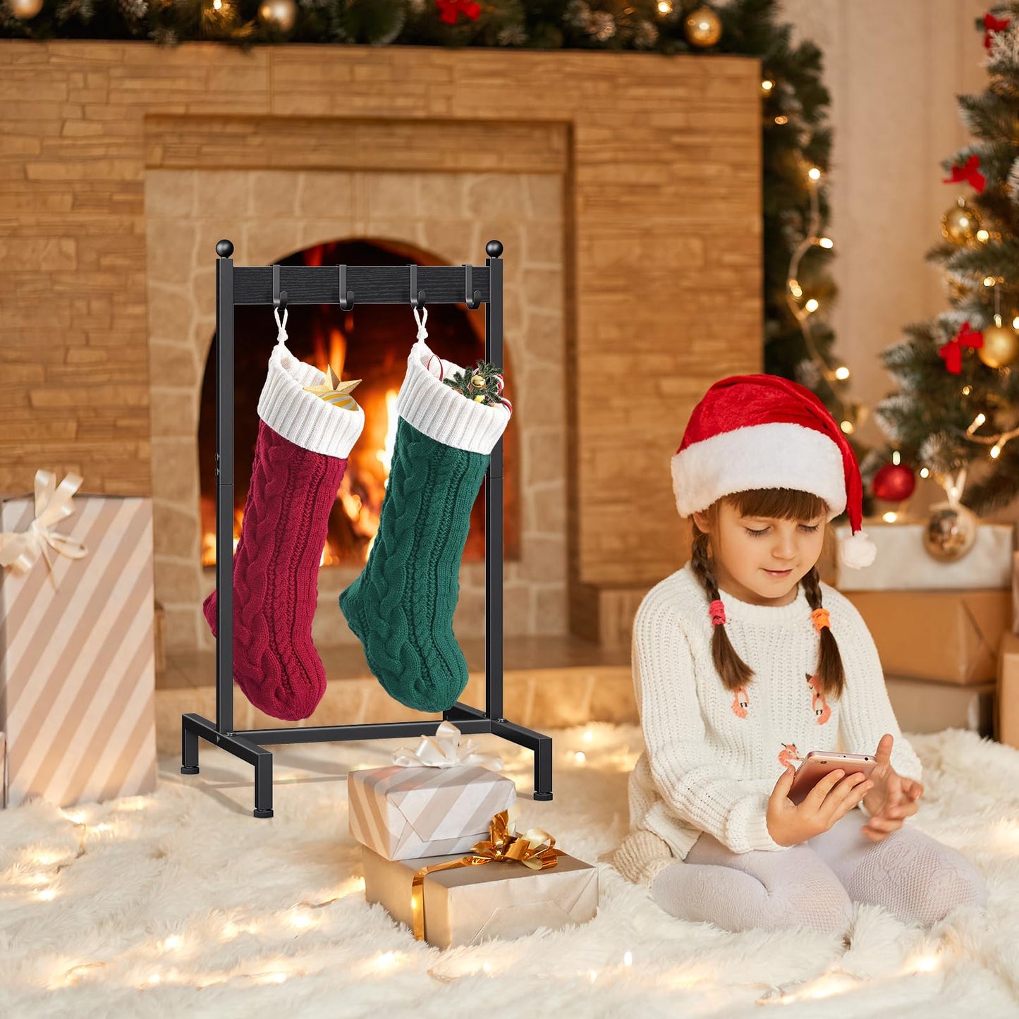 ELYKEN Christmas Stocking Holder Stand for Floor, Free Standing Stocking Rack with 4 Removable Hooks, Wood Stocking Hanger Stand, Heavy Duty Xmas Stocking Stand with Adjustable Feet, Black