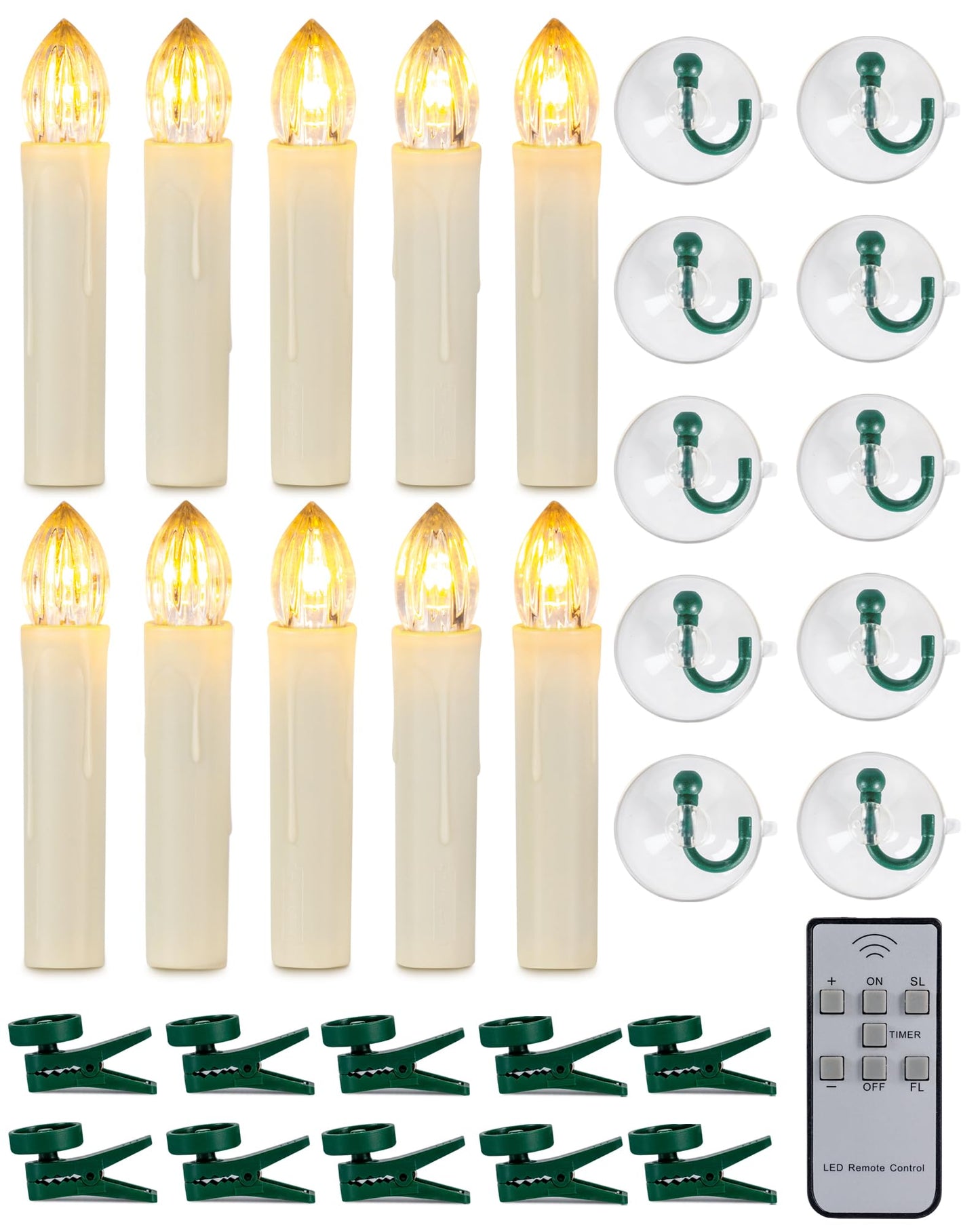 Homemory 10 PCS LED Window Candles with Remote Timer, Battery Operated Flameless Taper Christmas Candles Light with Clips/Suction Cups, Flickering Warm White Light, Dia 0.7''x H 4''