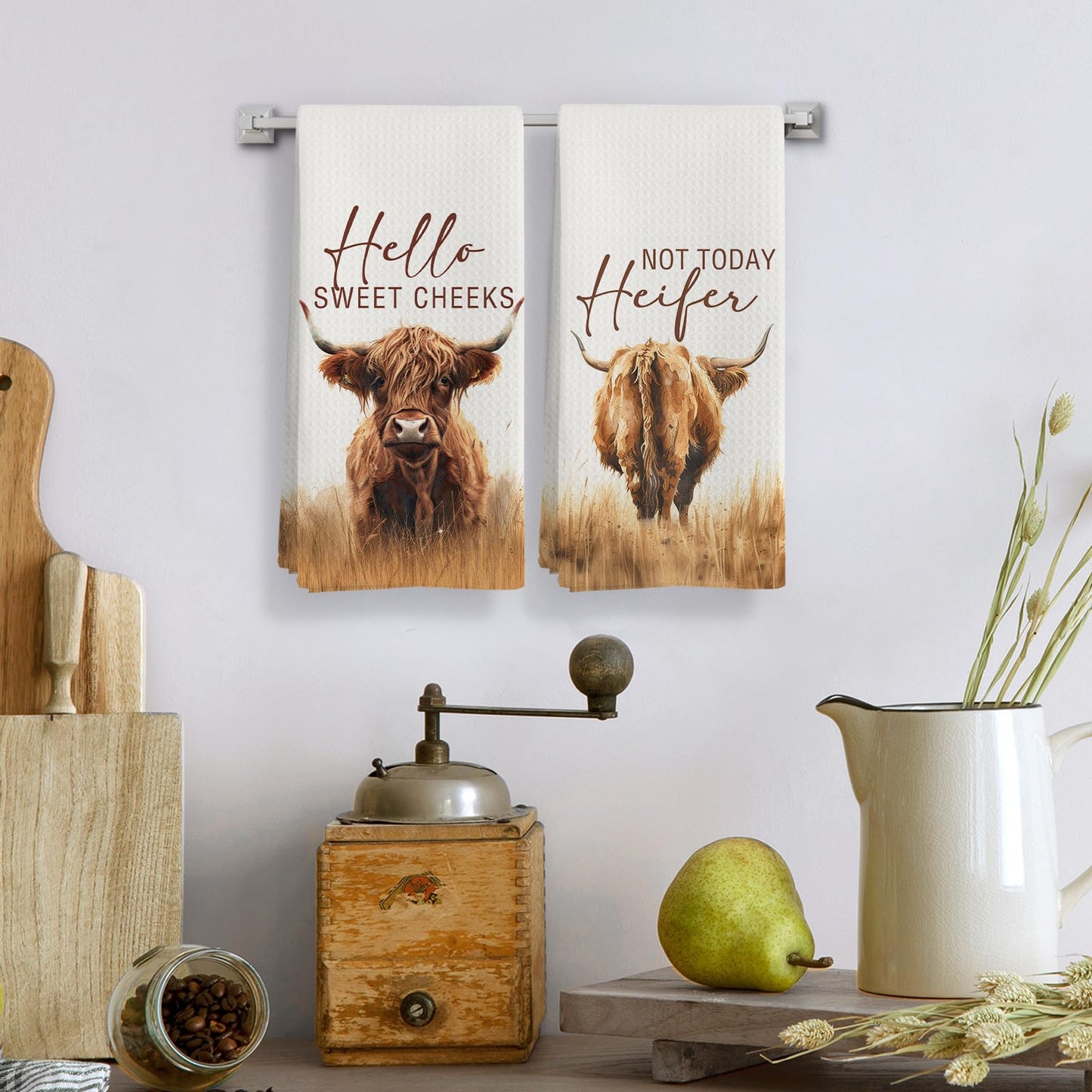 Qeheb Western Highland Cow Bathroom Decor Towels, Farmhouse Hello Sweet Cheeks Hand Towel Decorative Set, Christmas Bathroom Decor, Christmas Highland Cow Lover Gifts Hand Dish Tea Towels 16x24in