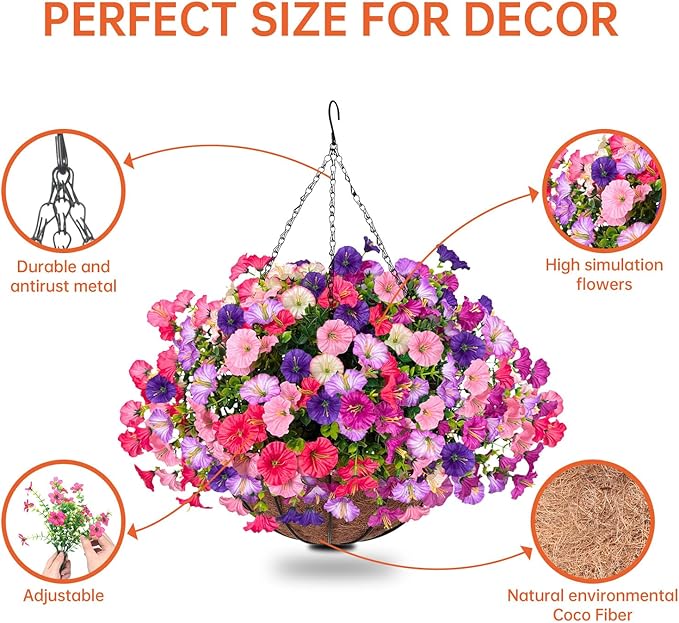 Florielle Artificial Hanging Faux Flowers Basket, Fake Silk Petunias Plants Arrangement,for Spring Summer Outdoor Decoration,UV Resistant, Morning Glorias,for Home Garden Decor (PinkPurple)