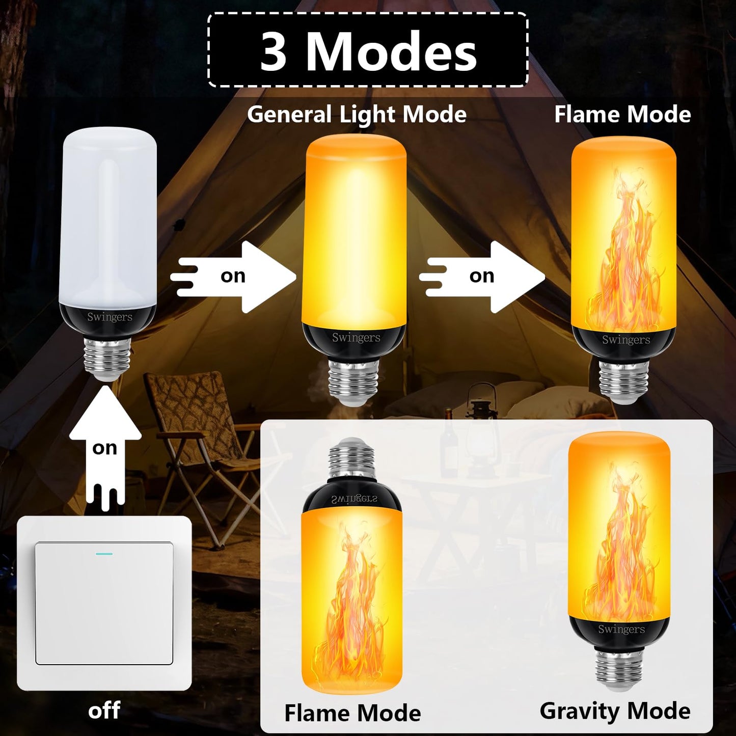 Swingers Upgraded LED Flame Light Bulbs,3 Modes Flickering Light Bulbs,E26 Base Fire Flame Bulb for Christmas Decorations Outdoor, Halloween Lights Patio Indoor Home Decor (Yellow, 2 Pack)