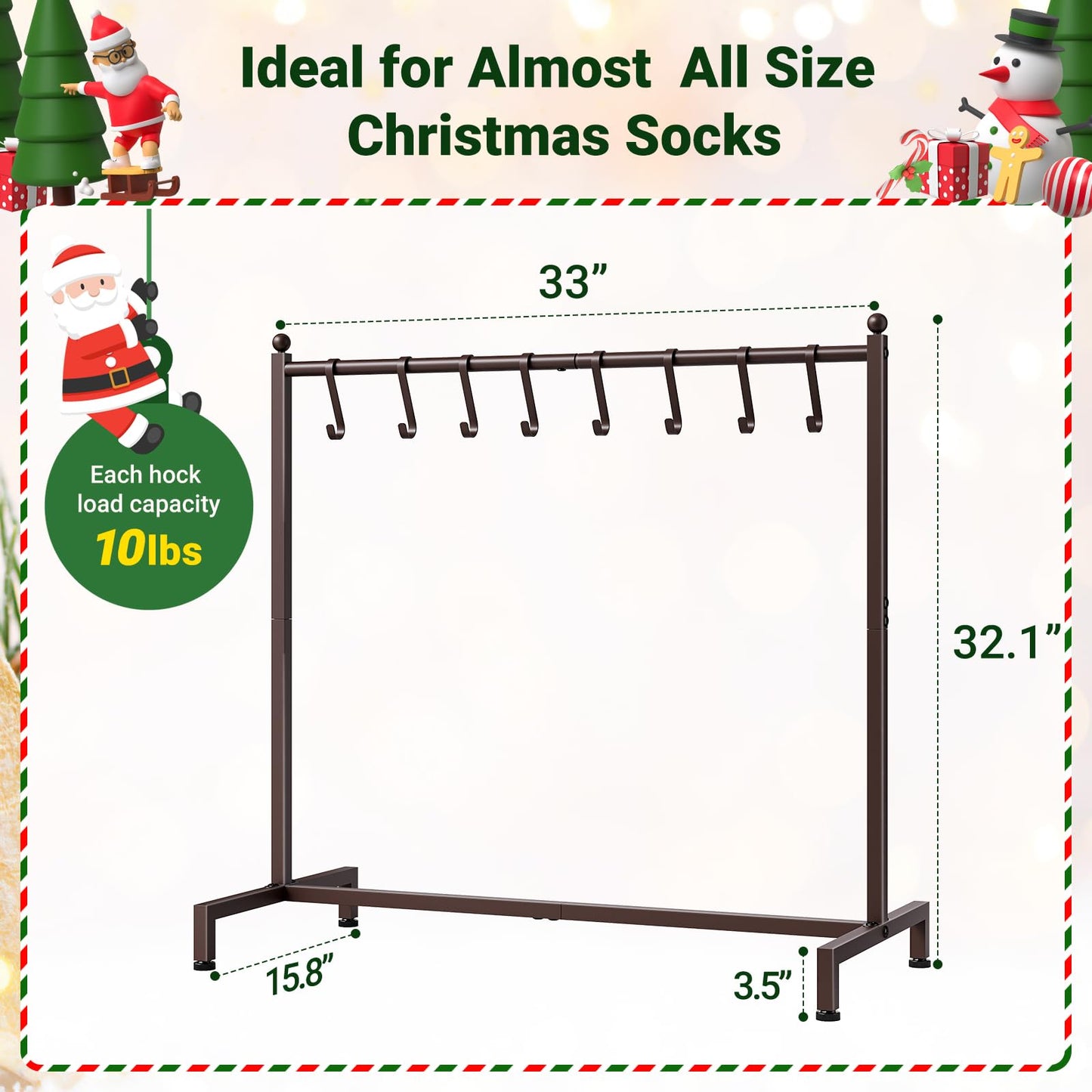 ELYKEN Christmas Stocking Holder, Free Standing Stocking Rack with 8 Removable Hooks, Small Stocking Stand, Heavy Duty Metal Tubes with Stable Base and Adjustable Feet, Bronze