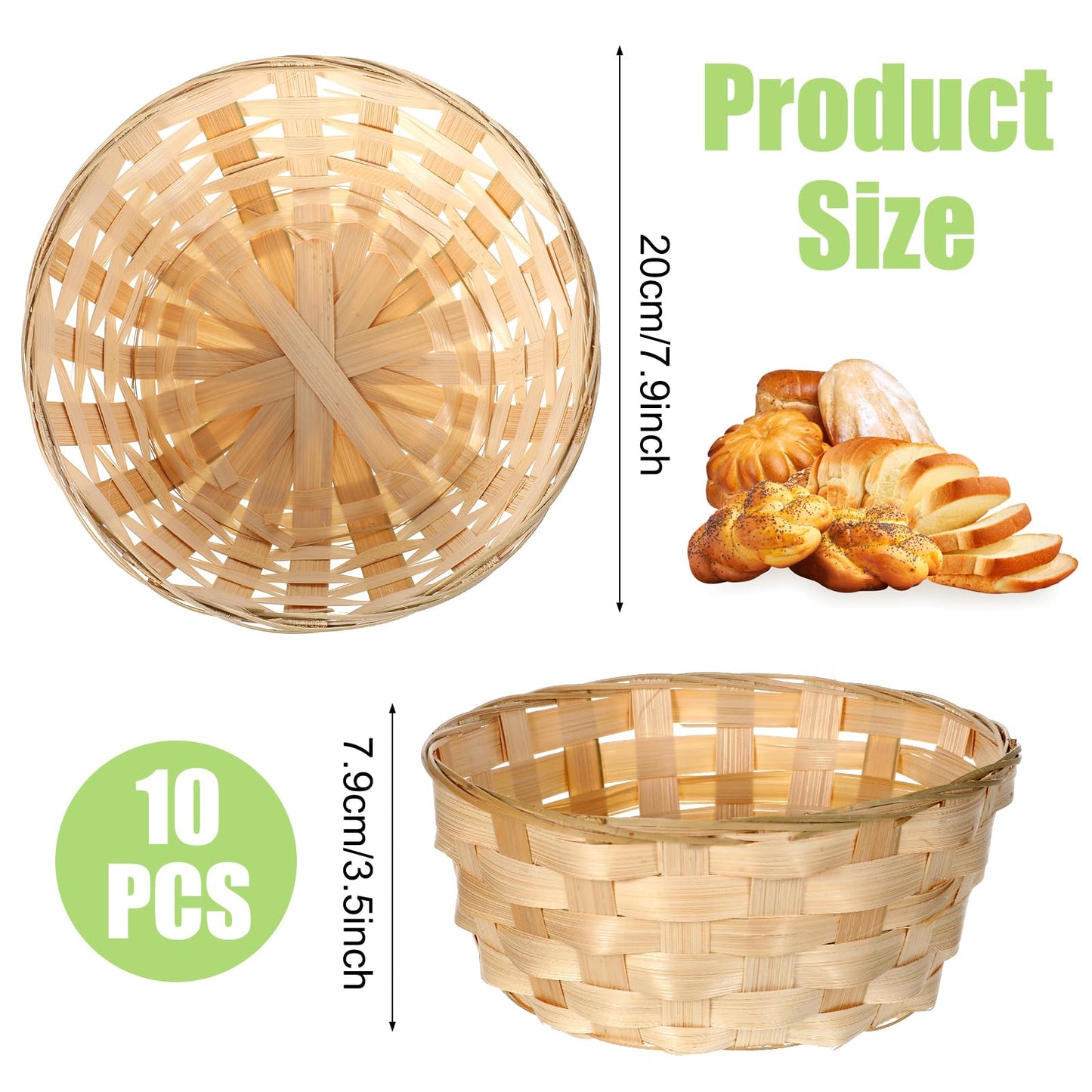 Ckhoid 10Pcs Round Gift Baskets, 8 Inch Natural Bamboo Woven Fruit Basket, Small Wicker Bread Roll Serving Basket, Handwoven Food Storage Serving Baskets for Kitchen, Restaurant