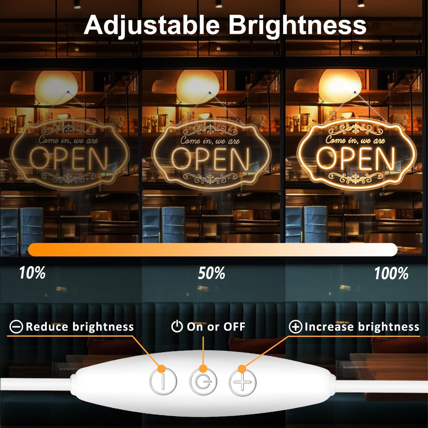 LED Neon Open Sign for Business, 23.5x14'' Come in We’re Open Sign, Warm White Adjustable Brightness Neon Lights for Party, Bar,Salon, Stores, Hotel, Wall Decor, Clubs, Hotels
