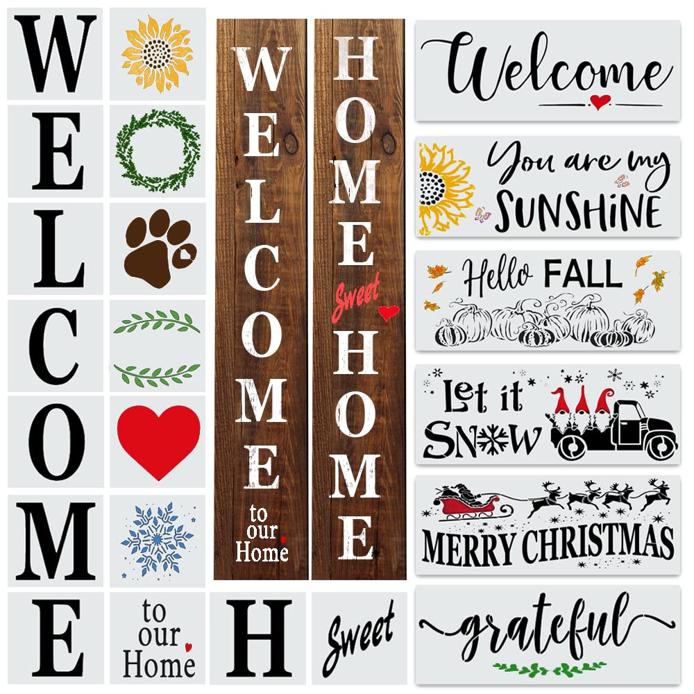 22PCS Large Letter Welcome Stencils for Painting on Wood - Farmhouse Stencils for Crafts Reusable for Canvas, Fabric, Walls, Porch Sign, Christmas - Home Sweet Home Stencil