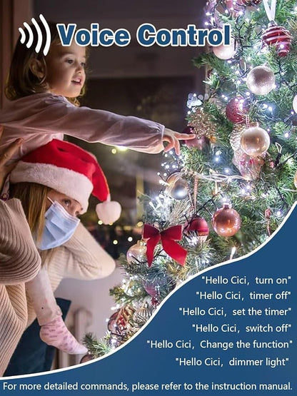 Voice Controlled Christmas Lights with Remote, 99 FT 300 LED String Lights Indoor Outdoor with 12 Modes 3 Timers, Dimmable Twinkle Light Plug in Waterproof for Xmas Tree Party Decorations, Cool White