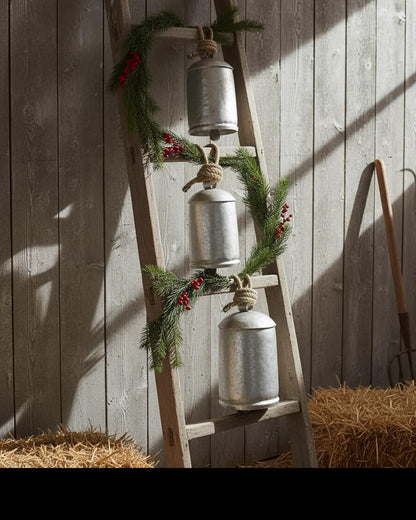 Christmas Cow Bells Harmony Giant Vintage Silver Wall Hanging Bells Country Style Rustic Set of 3 (4", 5", 8")