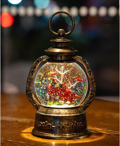 Christmas Snow Globe Lantern Water Glittering Cardinal with Music, USB Lined/Battery Operated Lighted Lantern for Christmas Festival Decoration Gifts