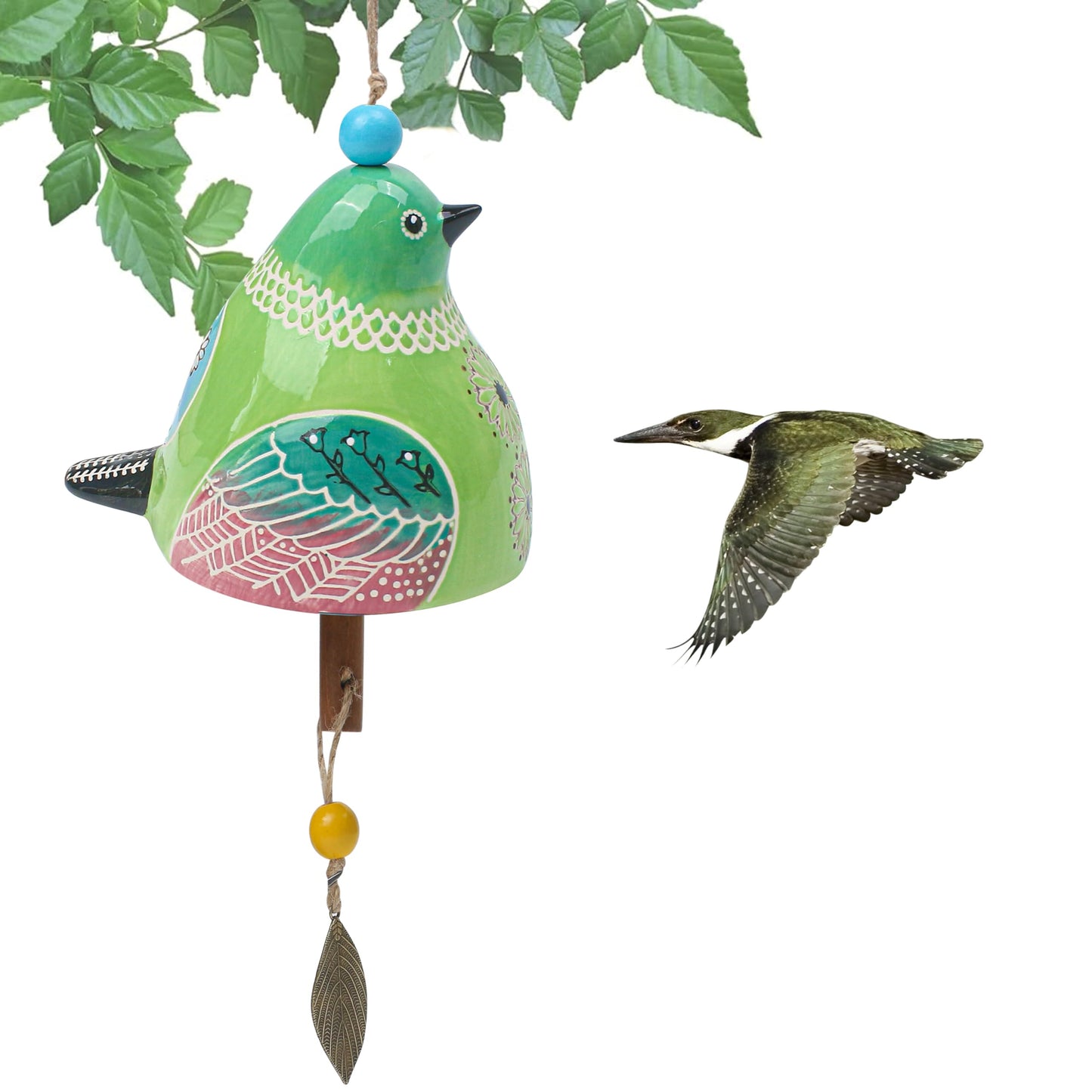 Bird Song Bell Wind Chime, Ceramic Cardinal Fashion Hanging Windchimes for Rustic Music Garden Backyard Church Decoration Porch Outside Outdoor Festival Memorial Gift Witness Friendship (Green)