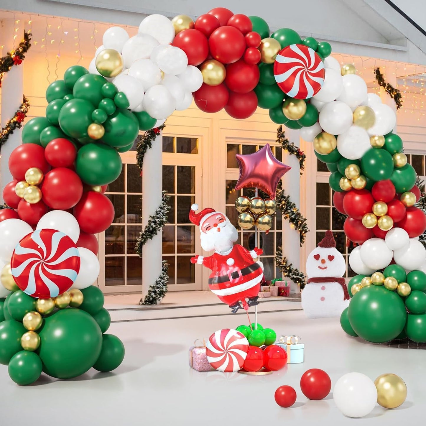 134 Pcs Christmas Balloon Garland kit, Green Red White Gold Balloons Garland Arch Kit, Xmas Candy Cane Foil Balloons Santa Claus Red Star Balloons for New Year Christmas Party Decorations Supply