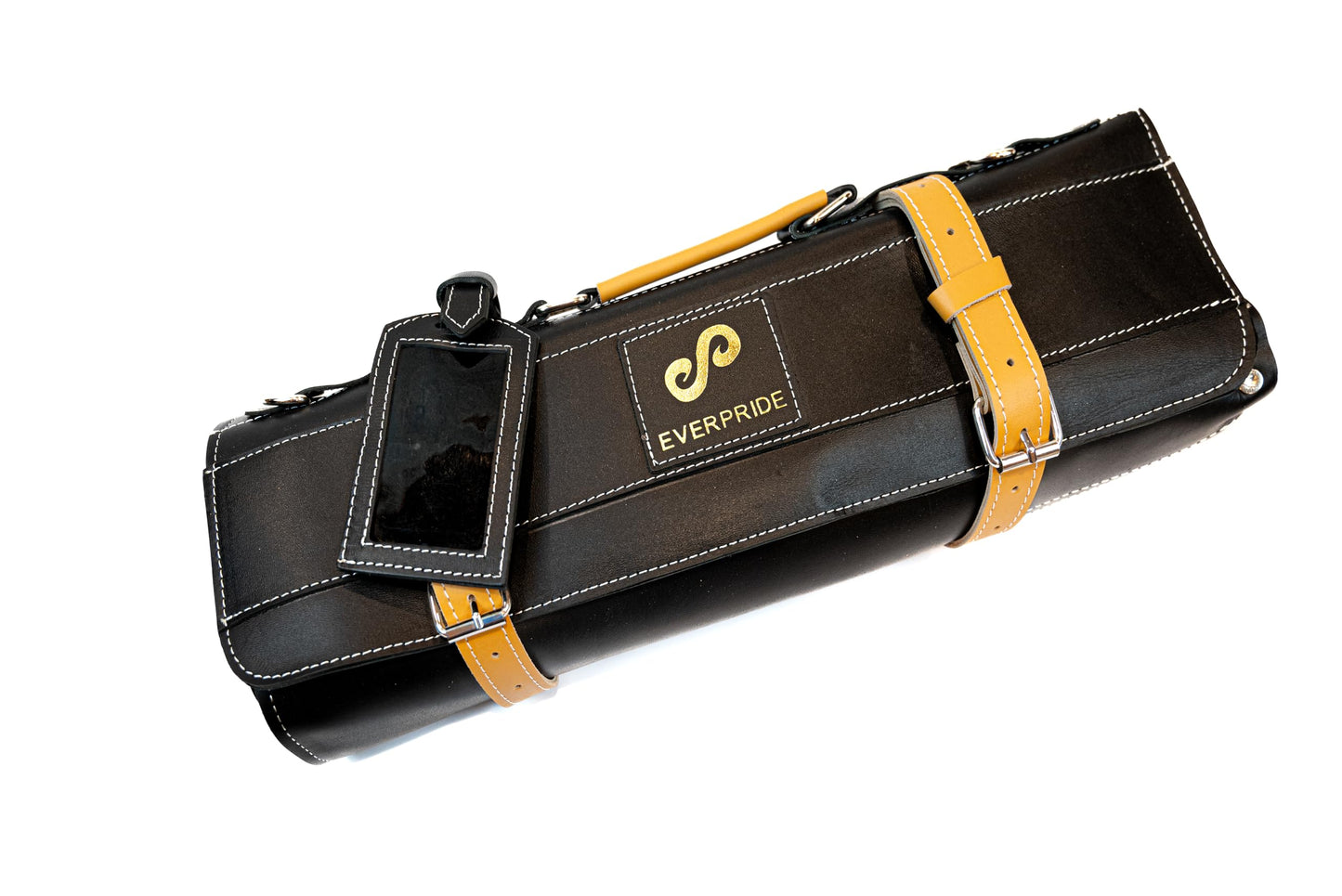 EVERPRIDE Premium Black Leather with Stunning Tawny Wheat Trim, Professional Chef Knife Roll and Bag for Knives, Sturdy Construction Chef Bag, Easy Carry Luxury Knife Case