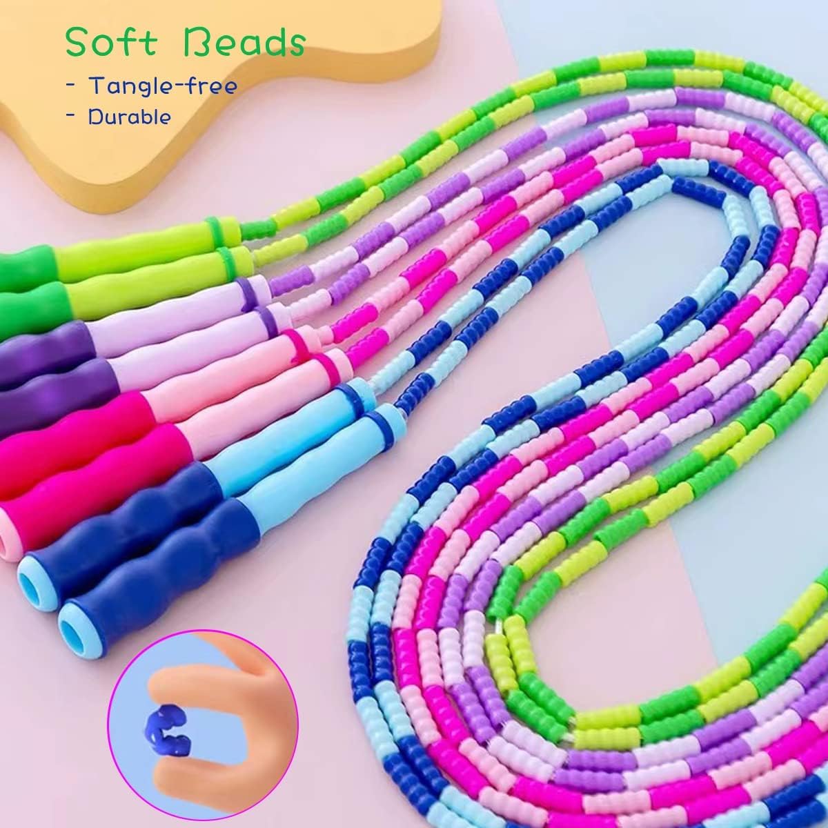 TYSISKNO Soft Beaded Jump Ropes for Kids Girls and Boy, Adjustable Skipping Rope, Tangle-Free Segmented Rope for Kid Exercise, Keeping Fit, Training - 9Ft (4 Pack - Pink/Blue/Green/Purple)