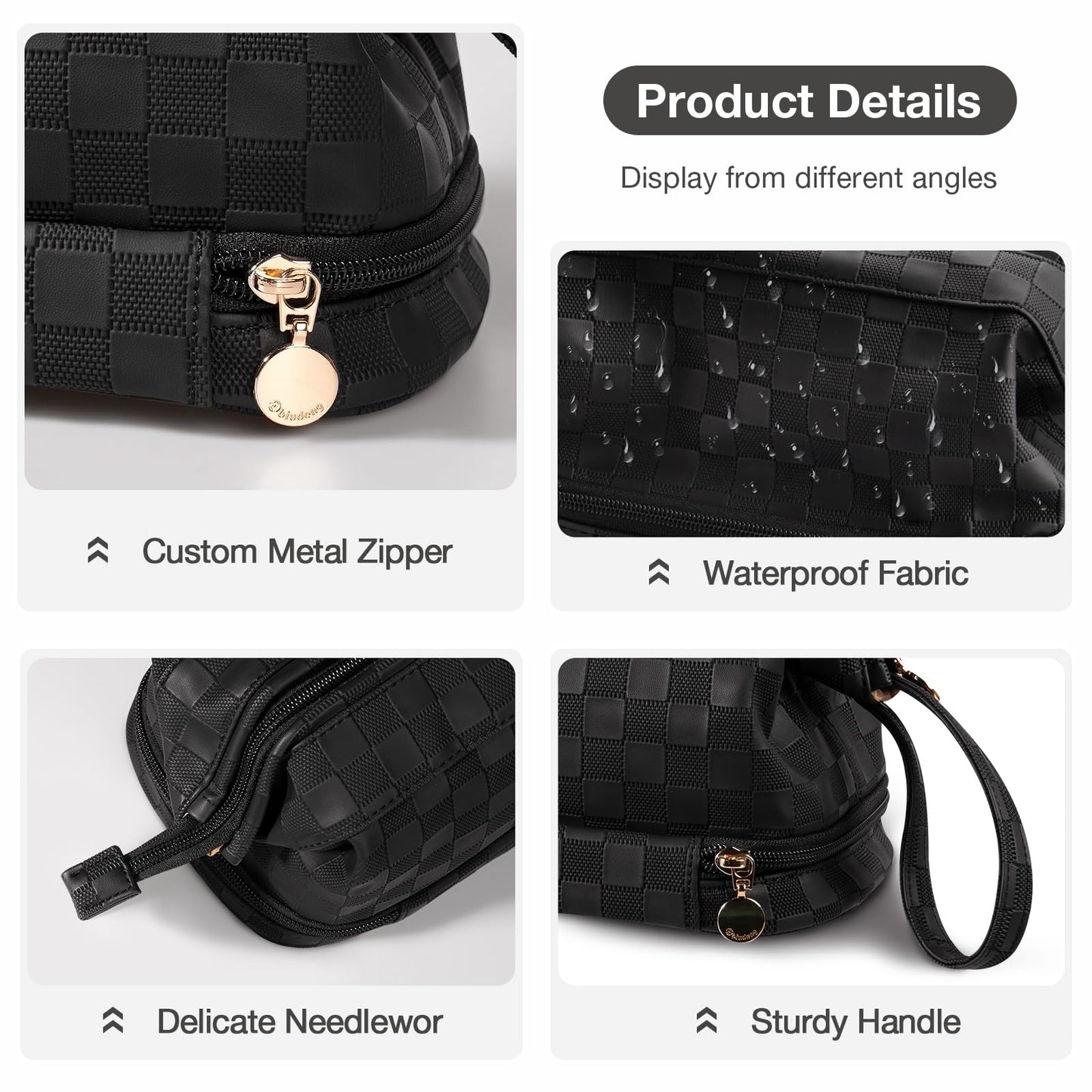 Abiudeng Large Makeup Bag for Women,Travel Makeup Organizer with Brush Holder, Dopp Kit Essentials,Waterproof Checkered Cosmetic Bag for Traveling,Multi Compartment,Cute,Spacious Capacity-Black