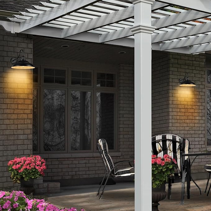 Dusk to Dawn Gooseneck Barn Light Outdoor, 16 Inch Farmhouse Wall Sconce, Vintage Exterior Wall Mount Lighting Fixture, Waterproof Black Lantern for Porch Garage