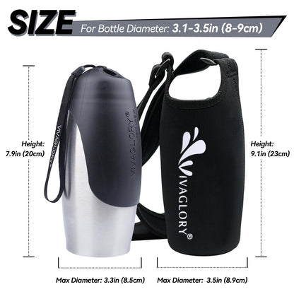 VIVAGLORY Dog Water Bottle & Bottle Holder with Strap Combo for Travel & Walking, Carrier with Adjustable Shoulder Strap, Portable & Stainless Steel for Pet Puppy, 25oz, Black