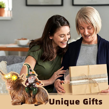 Solar Highland Cow Figurines for Garden with Gnome Playing the Violin 6.7"Resin Garden Gnomes Outdoor Patio Yard Lawn Porch Decor Birthday Housewarming Gifts for Women Mom Grandma Wife Sister Friend