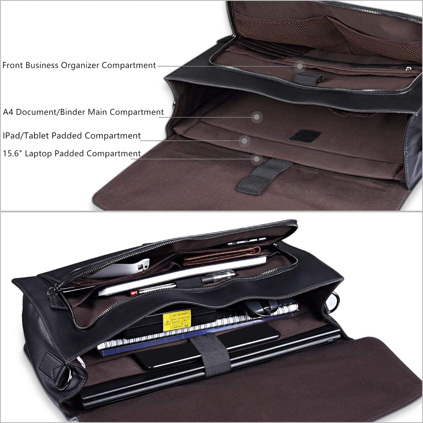 ESTARER Men's Leather Briefcase 15.6 Inch Laptop Computer Bag for Office/Business/Travel, Large Satchel Professional Pu Leather Messenger Shoulder Bag, Black