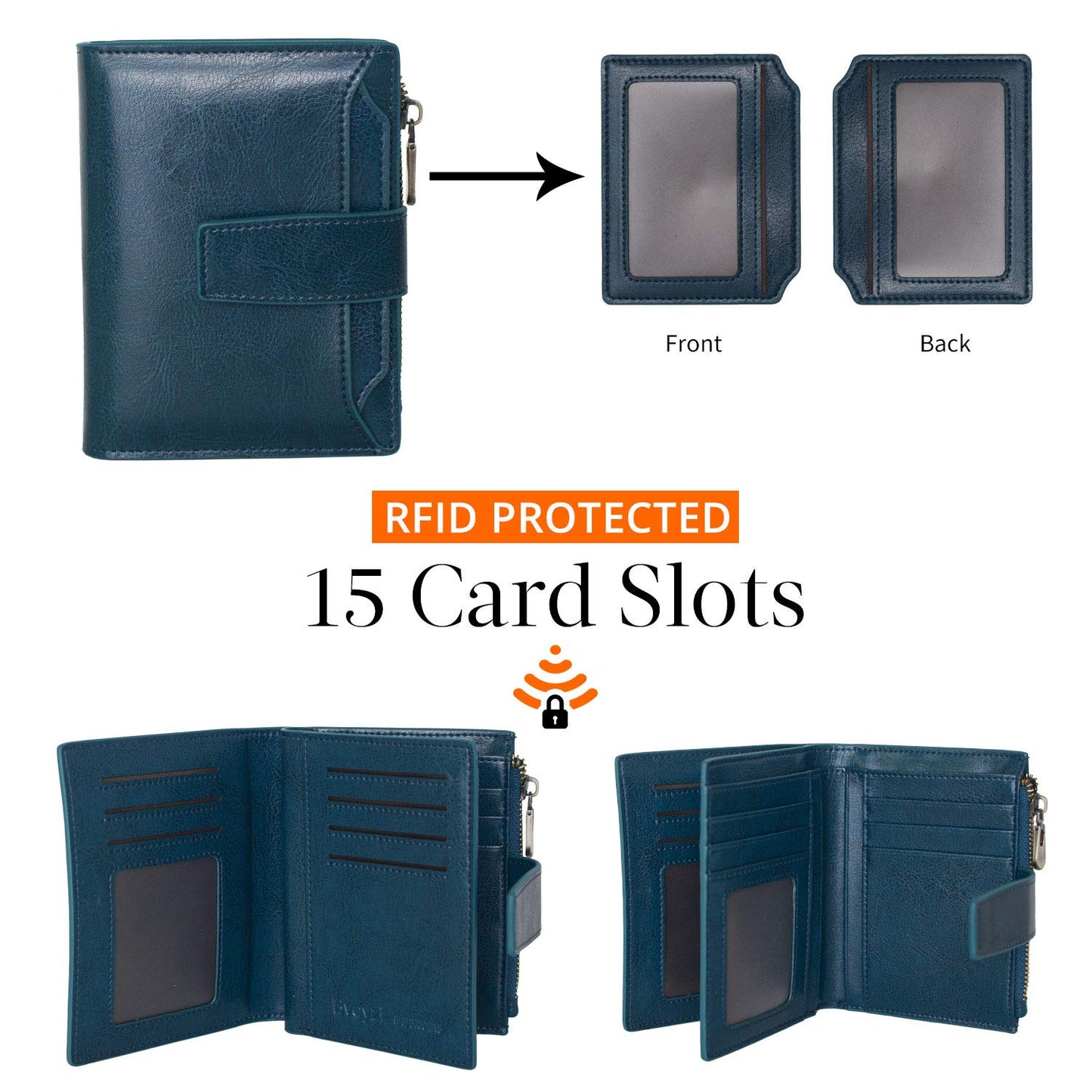 Bveyzi Women's Small Leather RFID Blocking Bifold Zipper Pocket Wallet Ladies Credit Card Slots Purse with id Window(Peacock Blue)