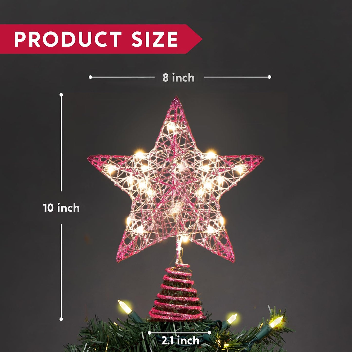 Joiedomi 8 inch Christmas Glitter Star Tree Toppers, Pink Star Lighted with 20 LED Warm White Lights for Xmas Decorations, Holiday Party Indoor Decor