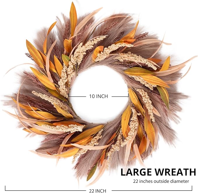 Fall Wreath 22-24inch Autumn Door Wreath with Yellow Leaves, Light Brown Reeds,Beige Wheat Ears for Farmhouse Indoor Outdoor Window Wall Thanksgiving Decor