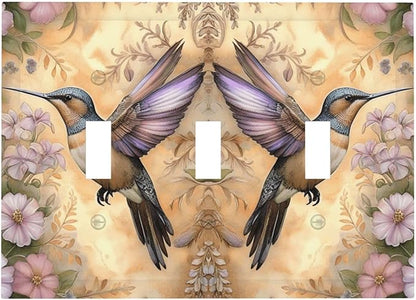 Decorative Art Light Switch Covers Blossom & Hummingbird 3 Gang Triple Toggle Wall Plate Decorative Switch plate Electrical Faceplate for Home Decor
