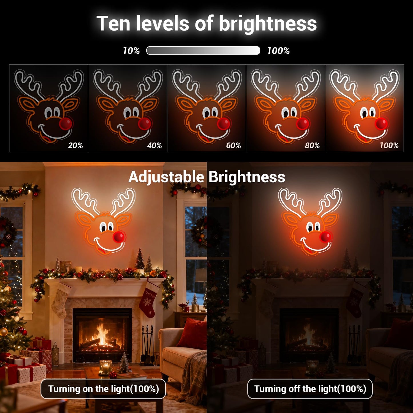 Christmas Elk Window Lights Decorations Indoor, Christmas Deer Neon Signs for Holiday Indoor Wall Door Glass Decor(White Elk)