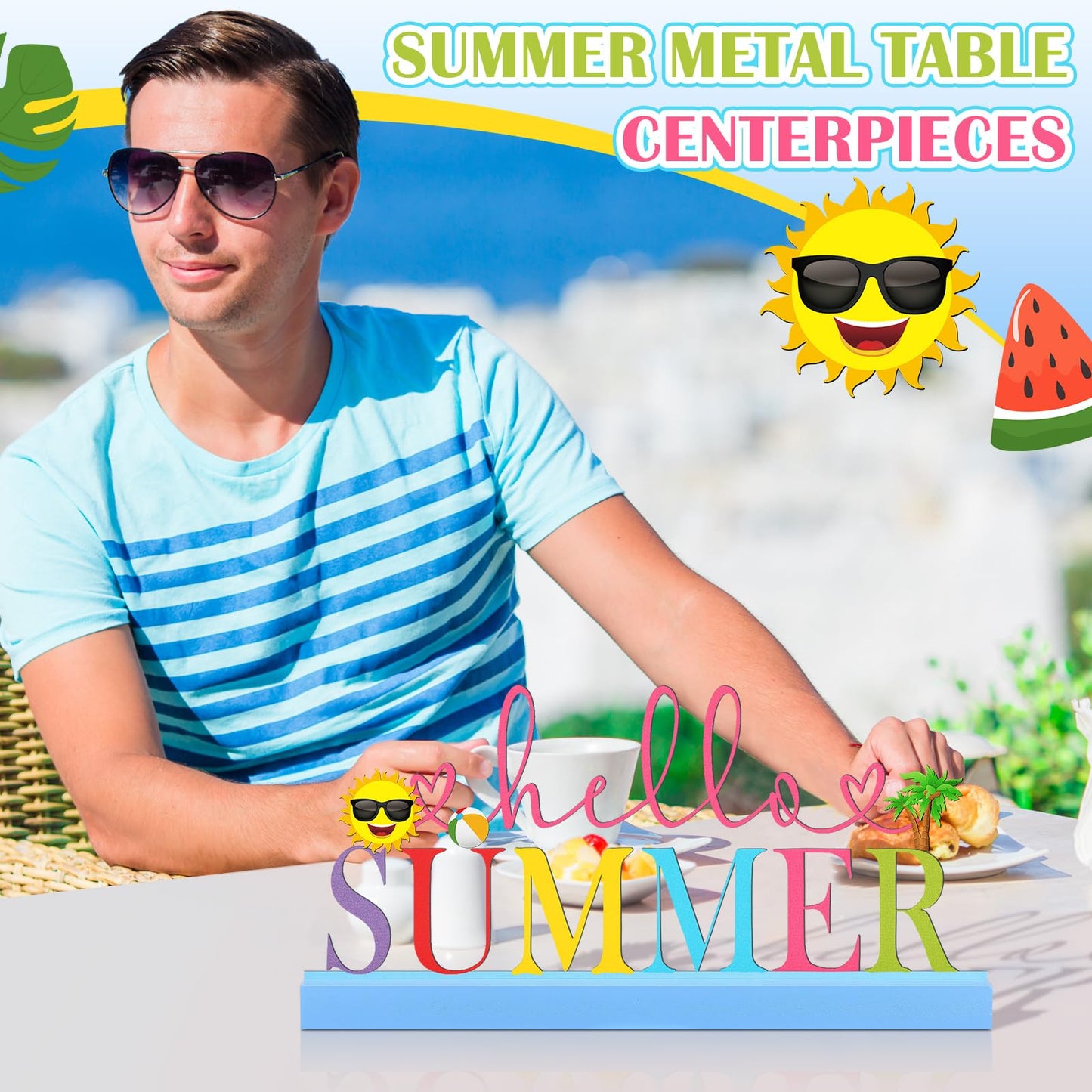 Yaocom 11.81 Inch Summer Table Sign Hello Summer Metal Letter Decor Freestanding Tabletop Decoration with Wooden Base Cutout Word Sign for Home Tiered Tray Centerpiece Mantel Shelf Fireplace