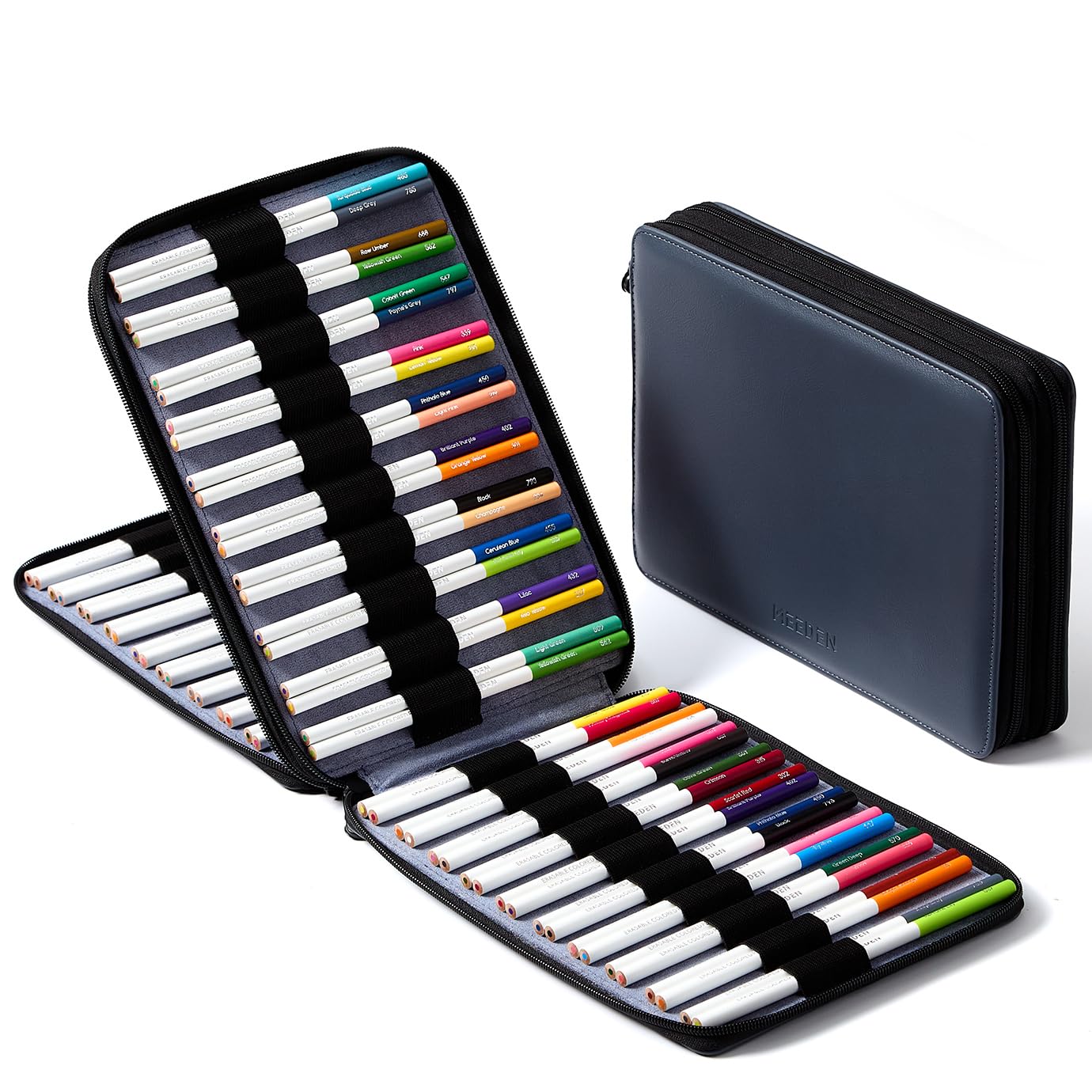 MEEDEN Pencil Marker Organizer Case: Premium PU Leather Zipper Pouch Lined with Silky Velvet - Large Capacity Pen Bag Supplies for Men & Artists – Slate Gray
