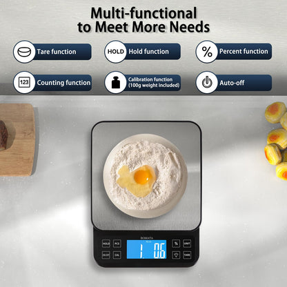 BOMATA Large Kitchen Scale with 0.1g/0.001oz High Precision, 5kg/11lb Bakery Scale with% Percentage Function, USB Rechargeable, Full-View Angle LCD with Backlight, Stainless Steel Pan