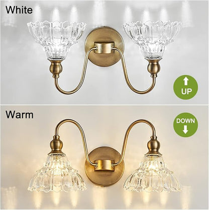 Antique 2-Light Wall Sconce Modern BathroomVanity Light Gold Wall Light Made of Metal Body and Pressed Patterned Glass Retro Vanity Light for Bedroom, Bathroom, Doorway, Foyer, Hallway
