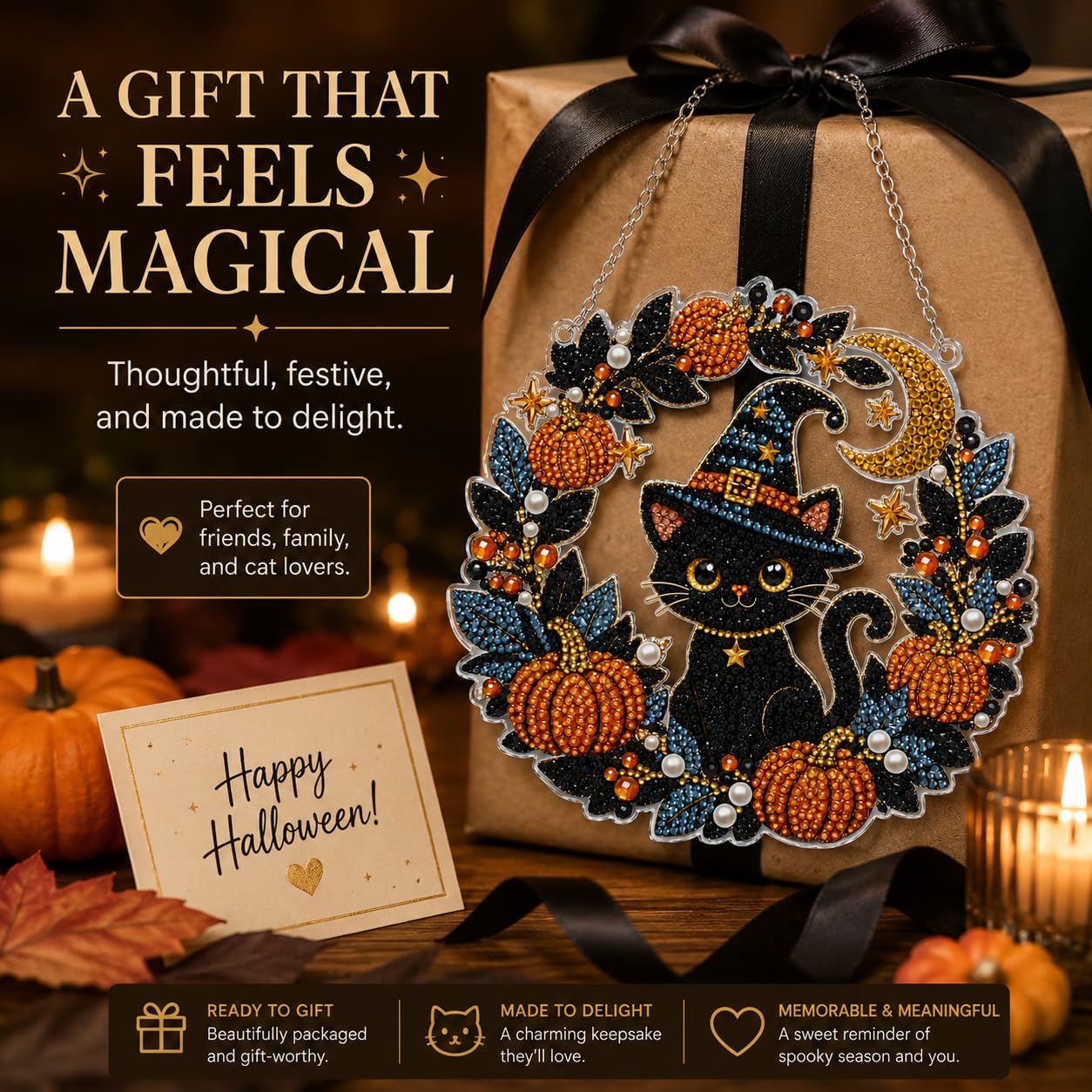DIY Diamond Art Painting Wreath Kits，Special Shaped Rhinestone Hanging Ornament Diamond Art Window Pendants for Gift Home Garden Wall Hanging Kits,Double Sided (Halloween Black Cat)