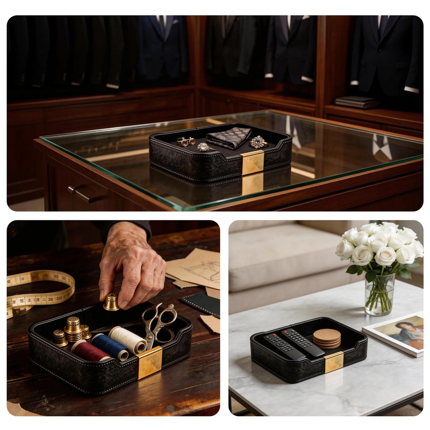 Black Leather Valet Tray - Multi-Use Nightstand Tray, Decorative Tray for Jewelry, Perfume, and Accessories Storage (Black)