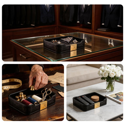 Black Leather Valet Tray - Multi-Use Nightstand Tray, Decorative Tray for Jewelry, Perfume, and Accessories Storage (Black)