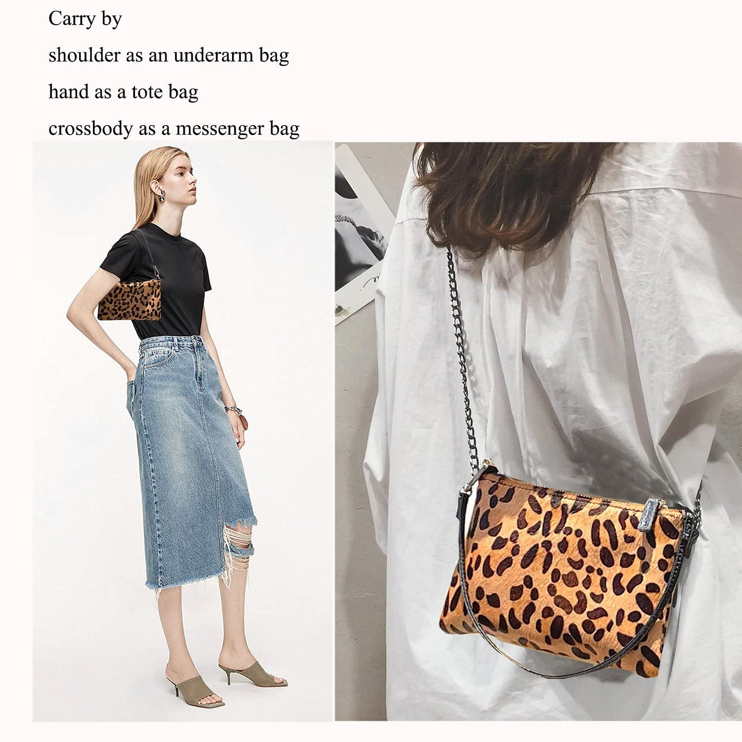 Leopard Print Purse [ Calf Hair on Hide Leather] Fur Clutch [Luxury Exclusive] Wild Animal Pattern Vintage [Small] Evening Bag Winter Envelope Chain Underarm