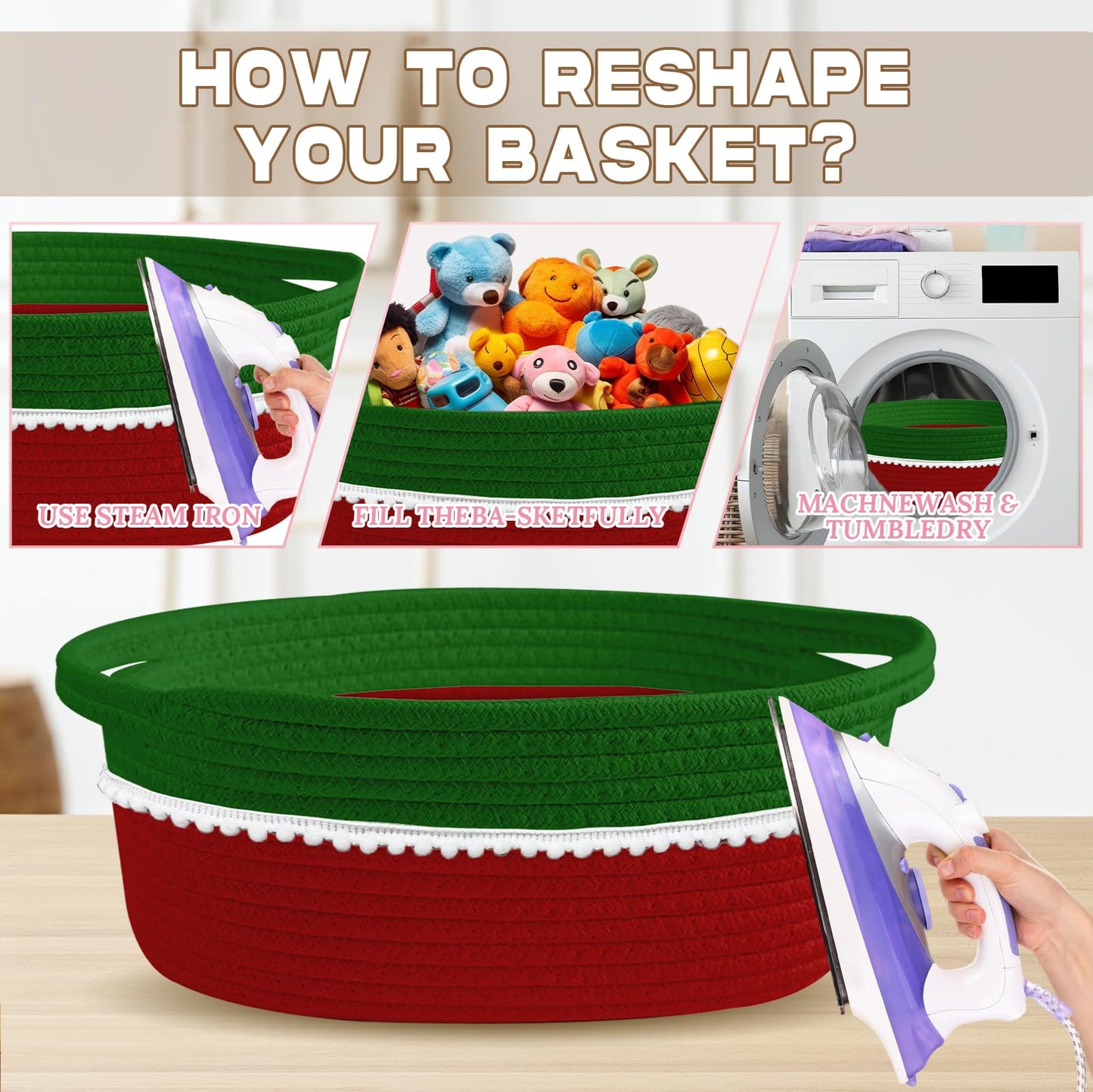 Christmas Red & Green Gift Basket Empty with Wrap Bag & Ribbon & Card, Empty Small Woven Storage Basket (12"x8"x5"), Cute Decorative Gift Baskets Storage for Christmas Baby Showers Easter (Green-Red)