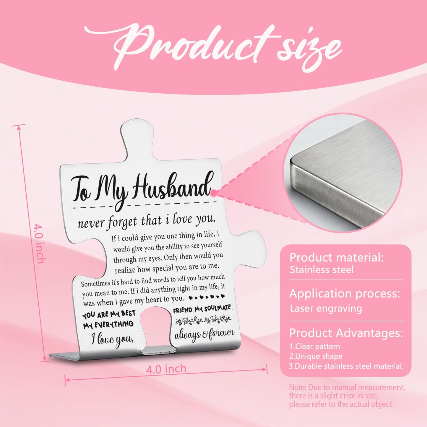 To My Husband Puzzle Plaque from Wife, Husband Christmas Wedding Anniversary Valentine’s Day Birthday Gifts from Wife Ornament Decor Stainless Steel Puzzle Piece Decorative Signs Plaques YPP1