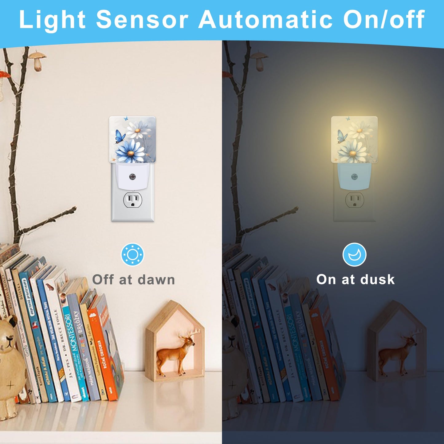 KXWQTRDD Blue and White Daisy Floral Butterfly Night Light Plug into Wall,Nightlights with Light Sensor Dusk to Dawn,Plug in Night Lights for Kids,Warm Lamps for Bathroom Bedroom Kitchen
