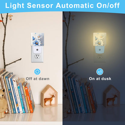 KXWQTRDD Blue and White Daisy Floral Butterfly Night Light Plug into Wall,Nightlights with Light Sensor Dusk to Dawn,Plug in Night Lights for Kids,Warm Lamps for Bathroom Bedroom Kitchen