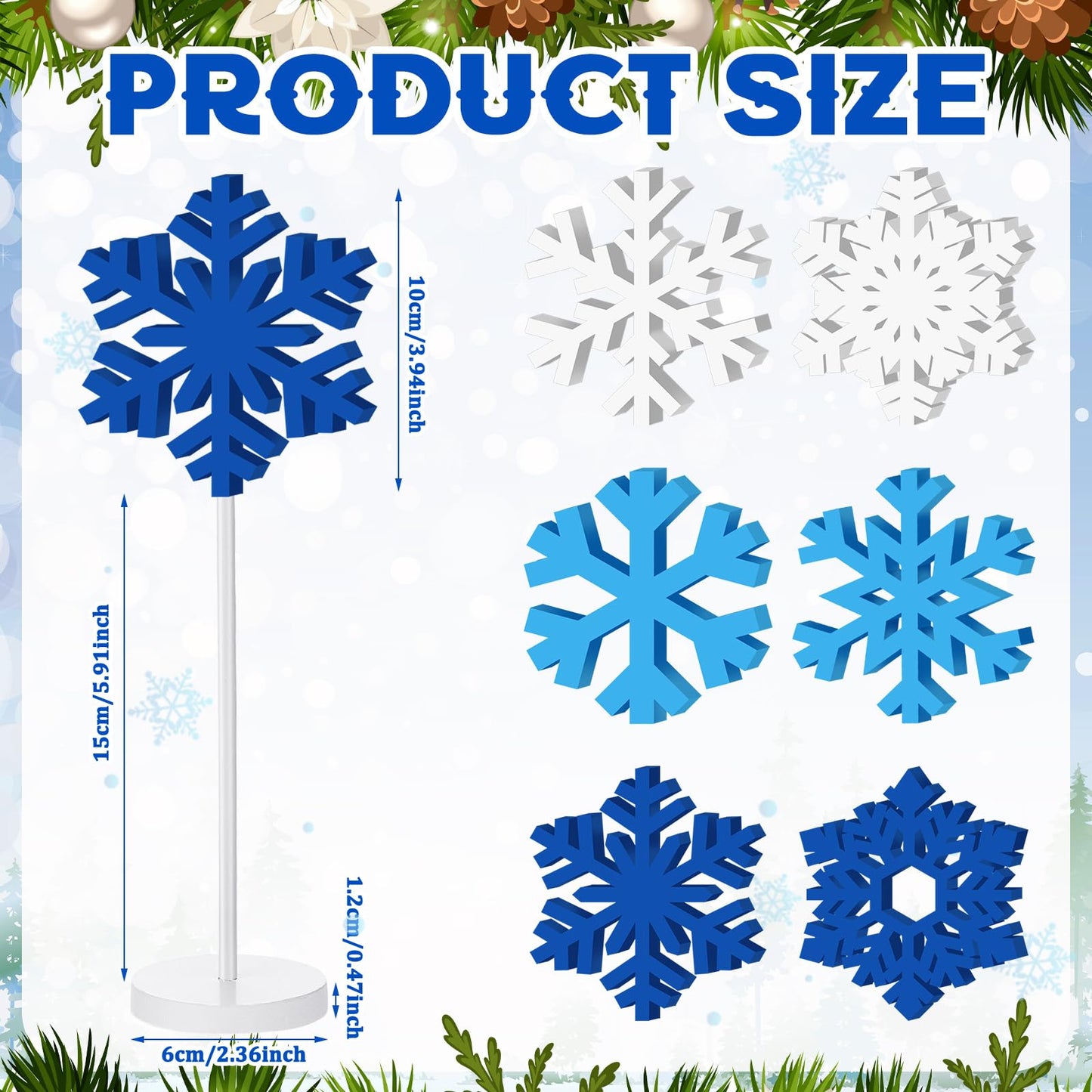 Wenqik 6 Pcs Winter Snowflake Table Decor Wooden Christmas Winter Snowflakes Table Centerpiece Standing Tabletop Sign Blue White Rustic Fireplace Home Decor for Party Decoration