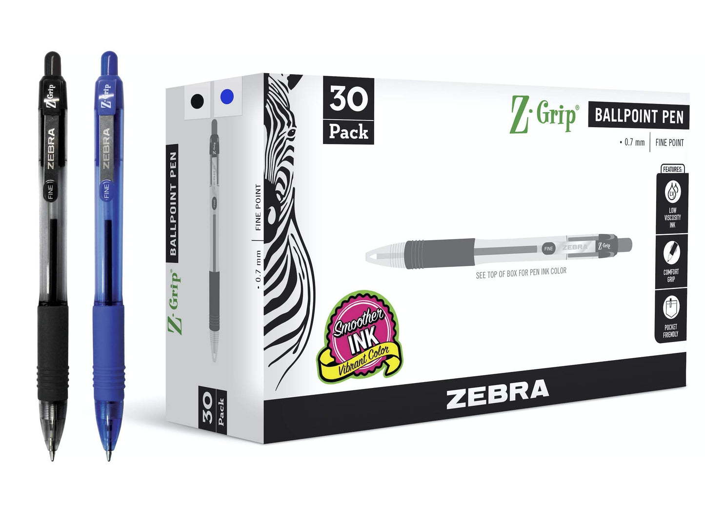 Zebra Pen Z-Grip Retractable Ballpoint Pen, Smooth-Flowing Ink, Fine Point, 0.7mm, School & Office Supplies, Ideal for Note-Taking, Journal and Planner Use, Blue and Black Ink, 30-Pack (25330)