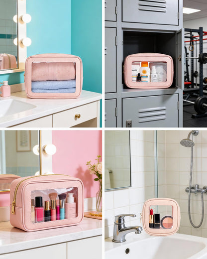 3Pcs Clear Makeup Bag Set for Women, Waterproof Travel Clear Makeup Bag Small Toiletry Bag Skincare Pouch Portable Travel Cosmetic Bag with Zipper Compact Car Organizer Bag for Essentials (Pink Set)