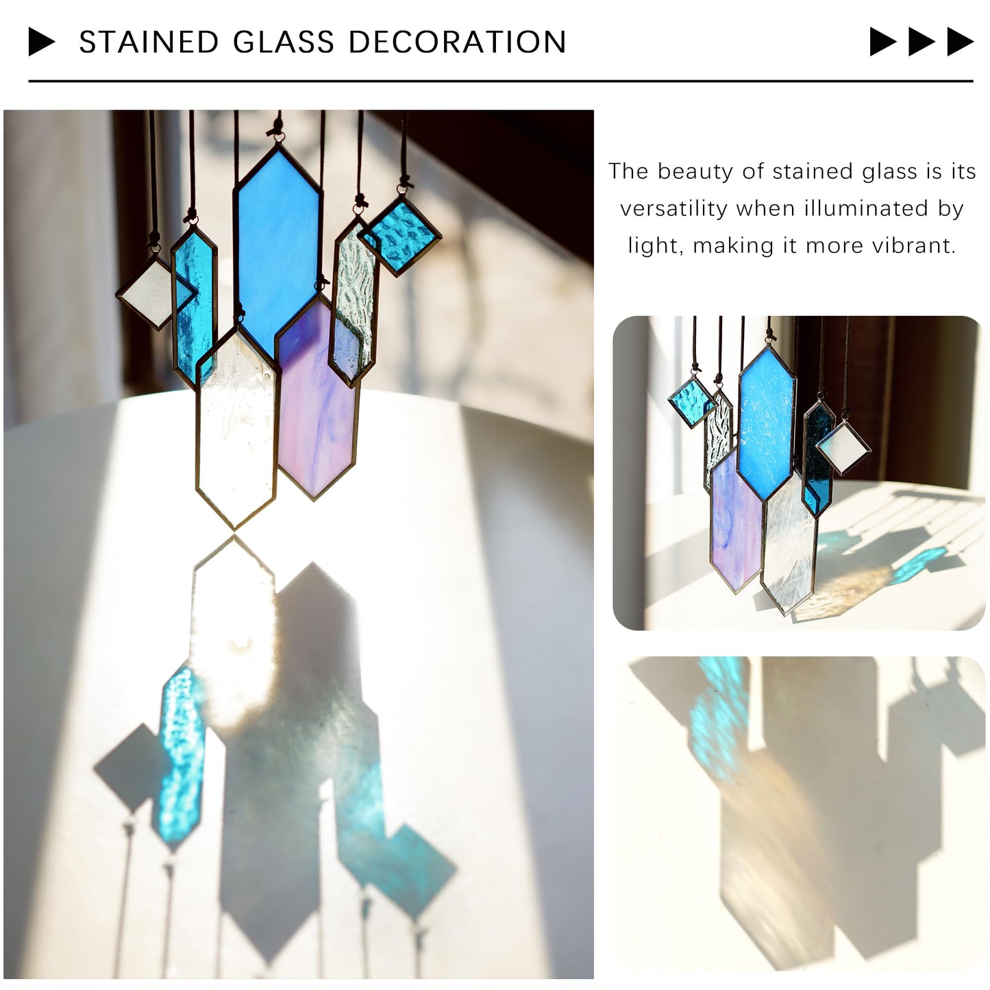 HDCRYSTALGIFTS Stained Glass Window Hanging Suncatchers - 7 Pieces Handcrafted Element Earth Tones Panel Set,Modern Blue Wall Art Sun Catchers Indoor Window Home Garden Decor