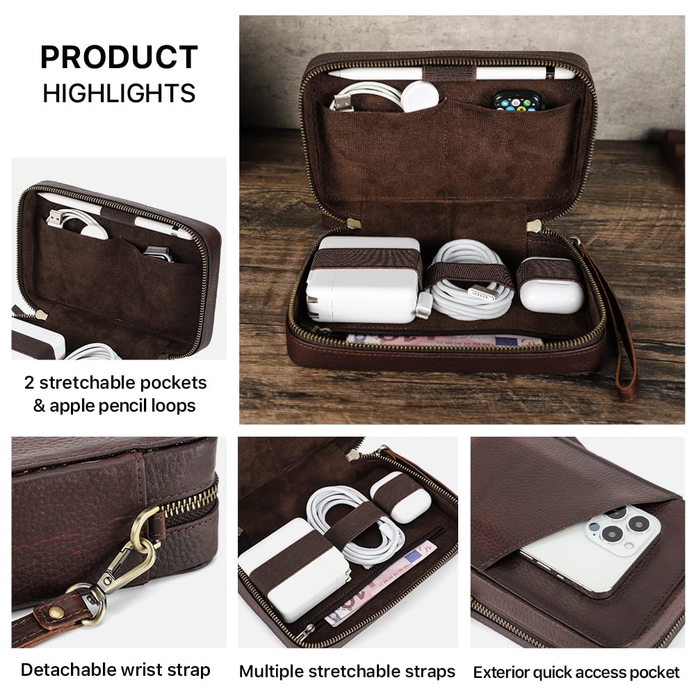 CONTACTS Full Grain Leather Electronic Organizer Travel Tech Case Electronics Accessories Storage Box Portable Holder for for Charger, Cables, Power Bank, Mouse