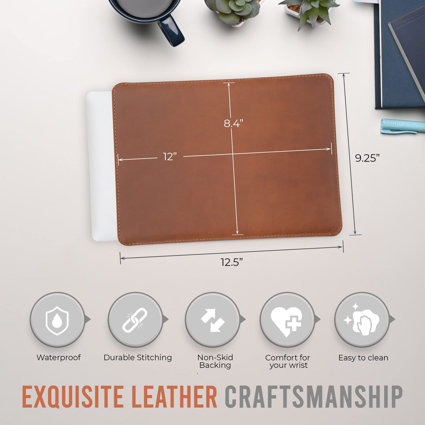 ENVOY Leather MacBook Air M2 Sleeve Fits Any 13, 14, 16 Inch - Genuine Full Grain Leather Laptop Case, Pro Slim Mac Cover with Real Wool Lined Pocket, Saddle