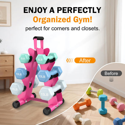 AmazeFan 5 Tier | 3-Tier Dumbbell Rack Stand Only, A-Frame Design Weight Rack with Handle, Weights Metal Strength Training Dumbbells Storage Rack for Home Gym Space Saver (Dumbells not Included) (Pink, 3 Tier)